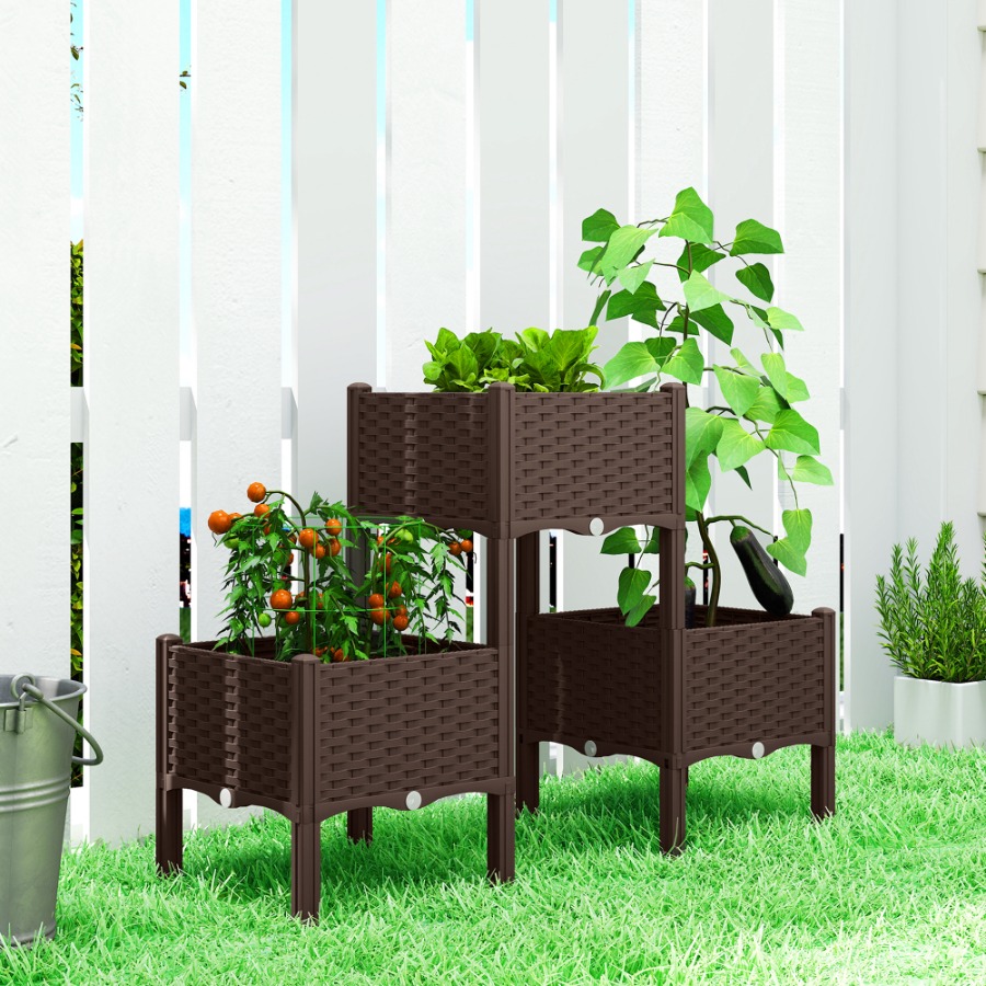 Self Watering Planter - กระถางปลูกต้นไม้แบบยกสูง ทำจากพลาสติก มีขาตั้ง ระบบให้น้ำอัตโนมัติ พร้อมช่องระบายน้ำและจุกปิด ประกอบง่าย