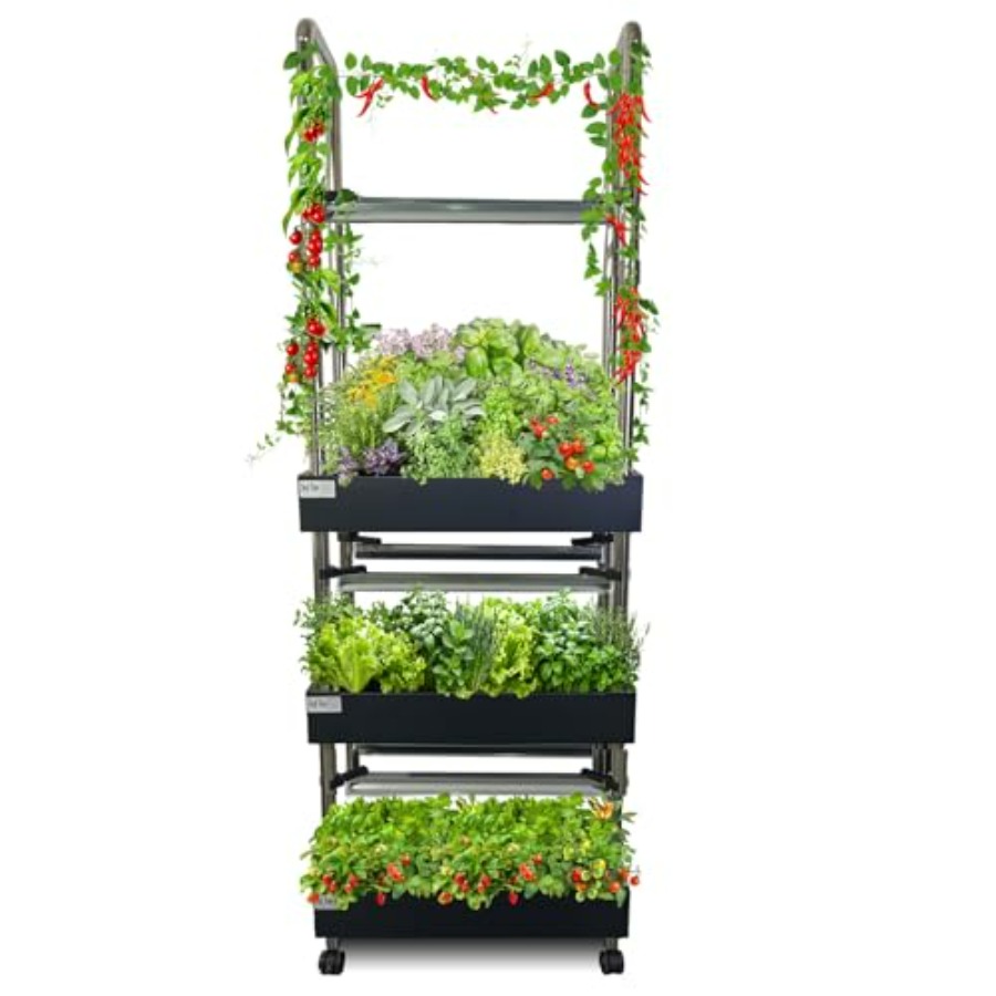Smart Garden System - ระบบปลูกพืชไฮโดรโปนิกส์ในร่ม: สวนแนวตั้งพร้อมไฟอัจฉริยะแบบเต็มสเปกตรัม ระบบหมุนเวียนน้ำอัตโนมัติ โครงอะลูมิเนียมสีขาว